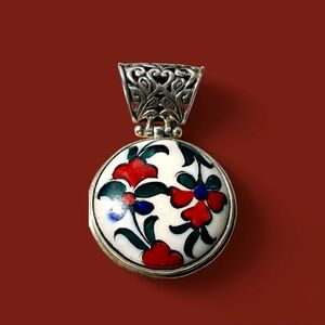 Vintage Sterling Silver 925 Hand Painted Ceramic Pendant